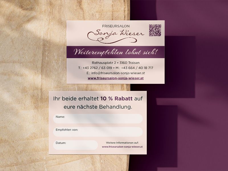 Gestaltung Weiterempfehlungskarten für Friseursalon Sonja Wieser im Bezirk Lilienfeld