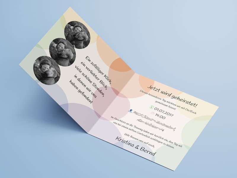 Hochzeitseinladung quadratisch gefalzt bunt Design Werbeagentur Mauenbert