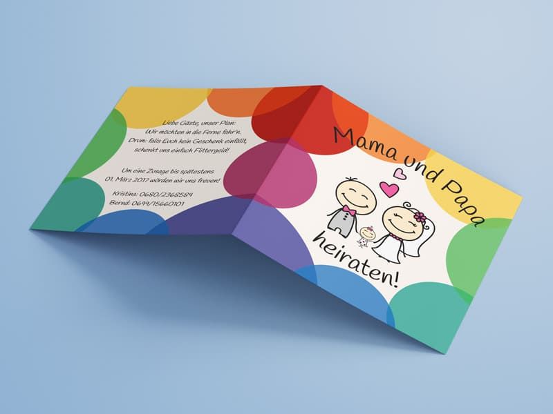 Hochzeitseinladung quadratisch gefalzt bunt Außenseite Design Werbeagentur Mauenbert