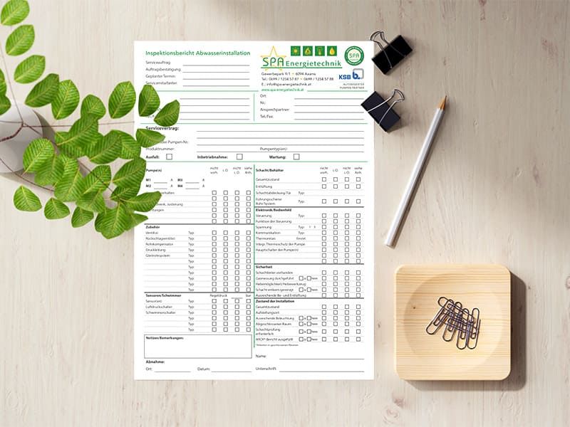 Inspektionsbericht für Abwasserinstallation von SPA Energietechnik gestaltet von der Werbeagentur Mauenbert