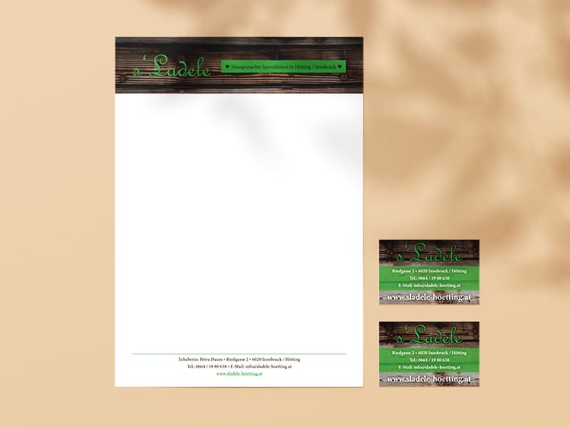 Briefpapier und Visitenkarten von s’Ladele Hötting gestaltet von der Werbeagentur Mauenbert Tirol