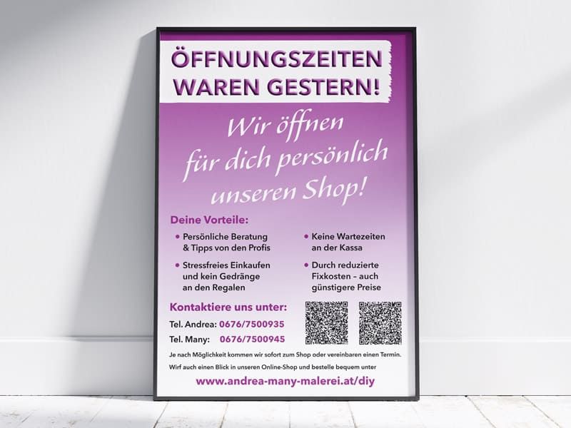 Plakat im A3-Format mit Öffnungszeiten für Fachgeschäft für Malerbedarf